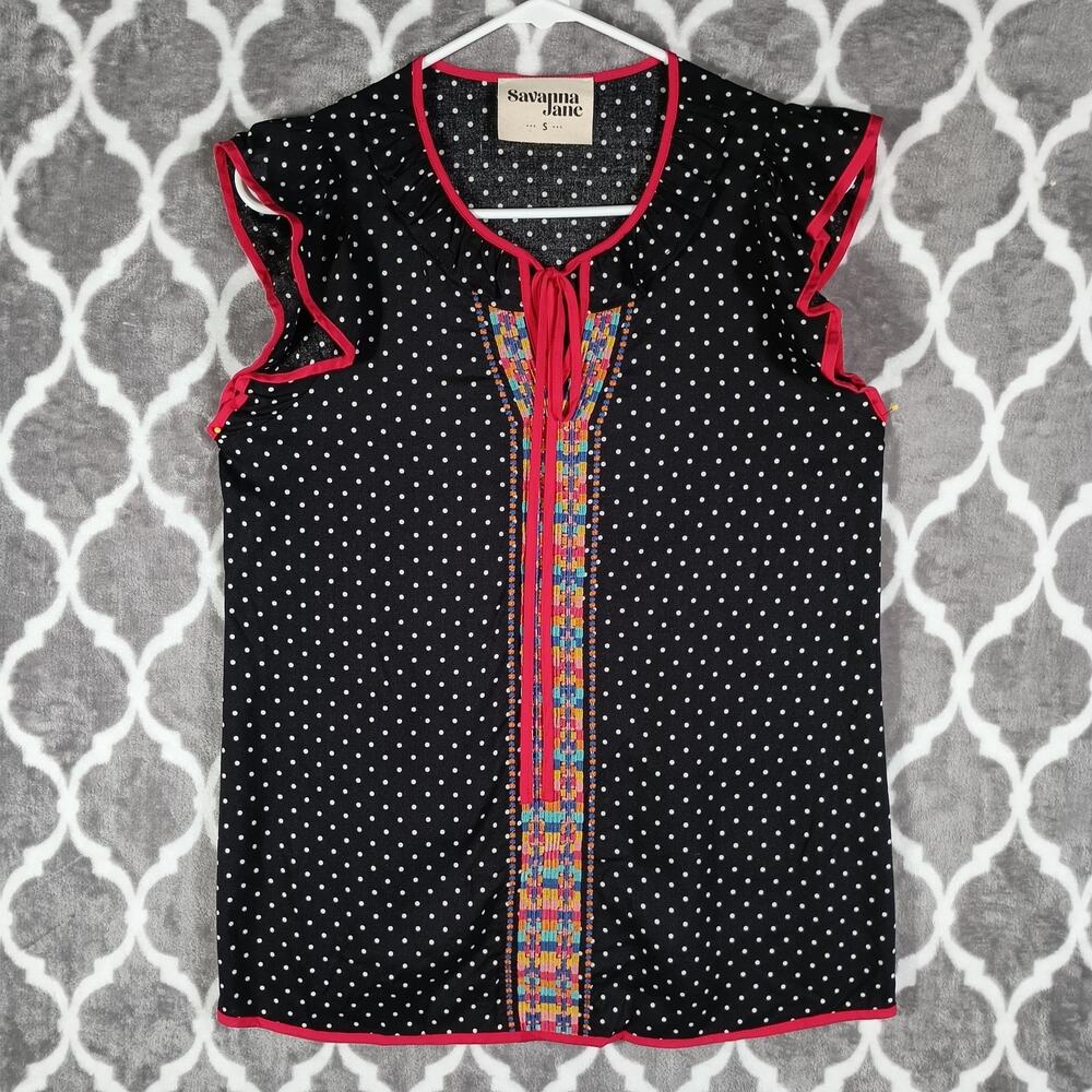 Savanna‎ Jane Ruffle Top Women Size Small Black Polka Dot Embroidered